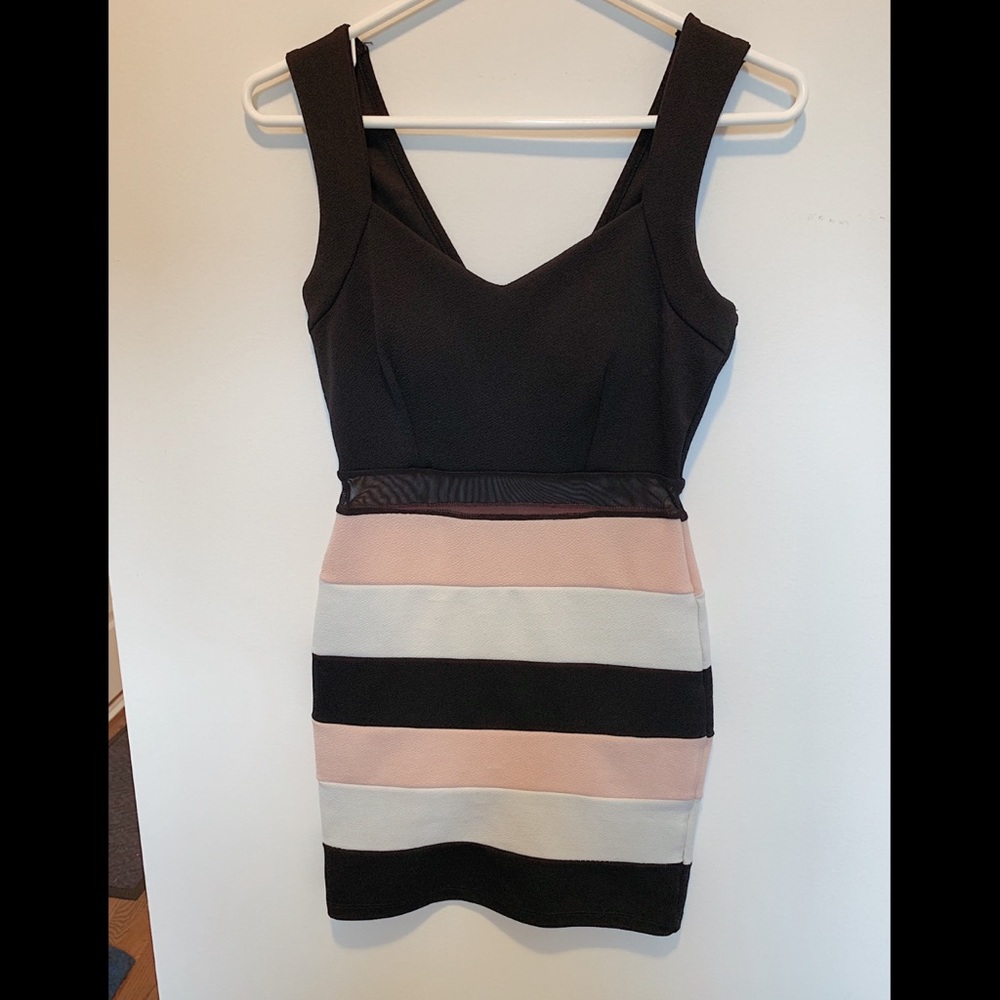 pink, black, & white stripe body con hoco dress!